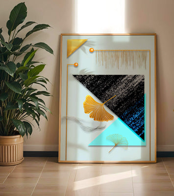Abstract Composition with Geometric Shapes and Gold Ginkgo Leaves