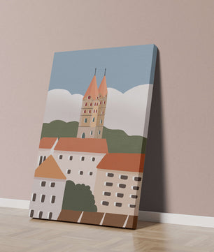 Ciudad europea encantadora con torres de iglesia y edificios coloridos