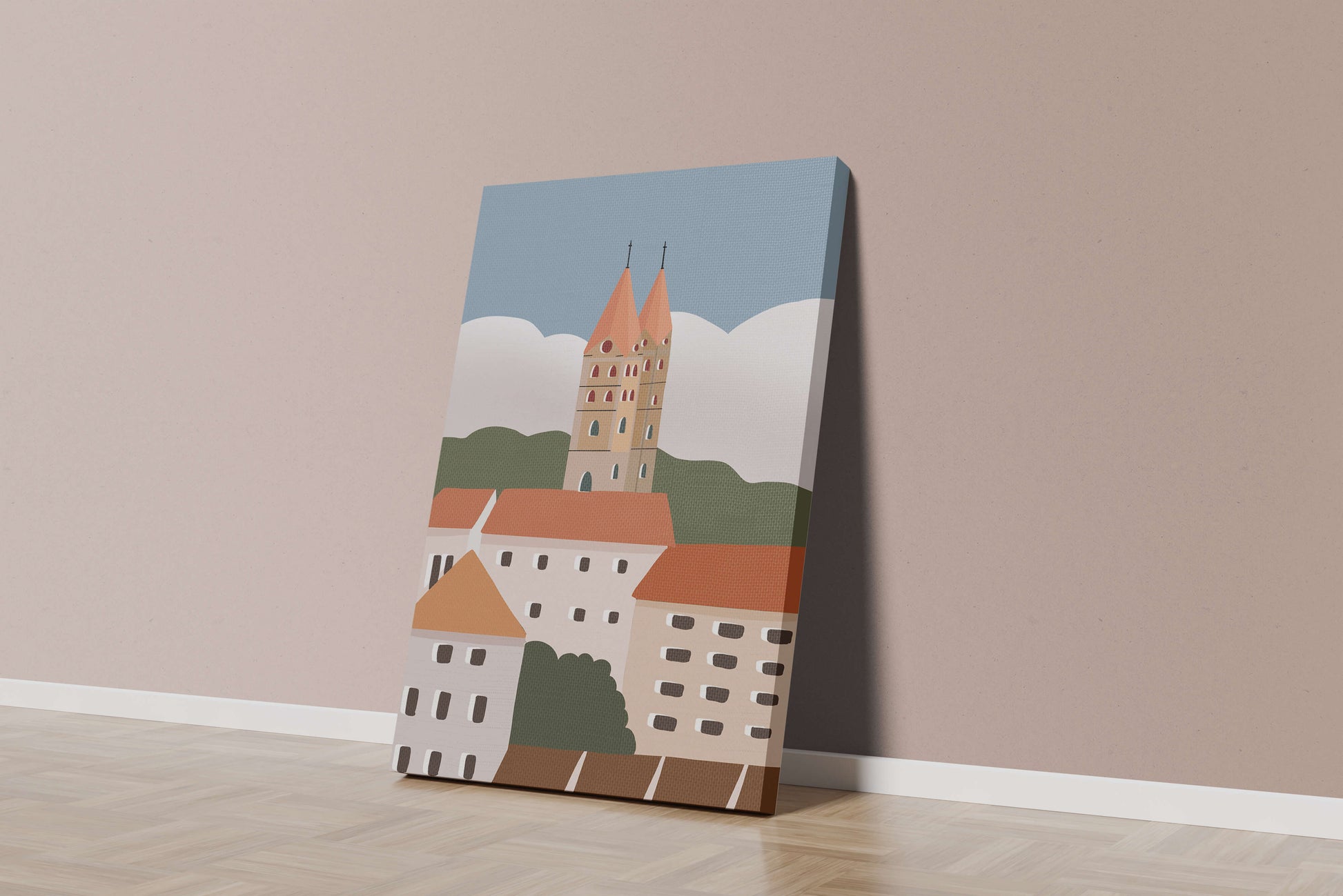 Charming European Cityscape with Church Towers and Colorful Buildings