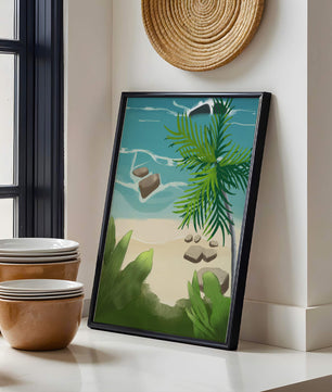 Serene tropical beach scene with lush greenery and calm waves
