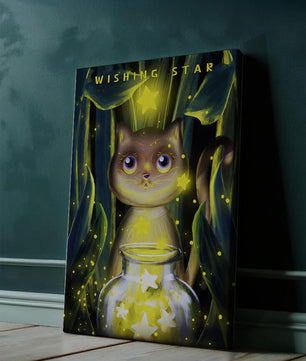 Cat under starry night in a magical forest setting