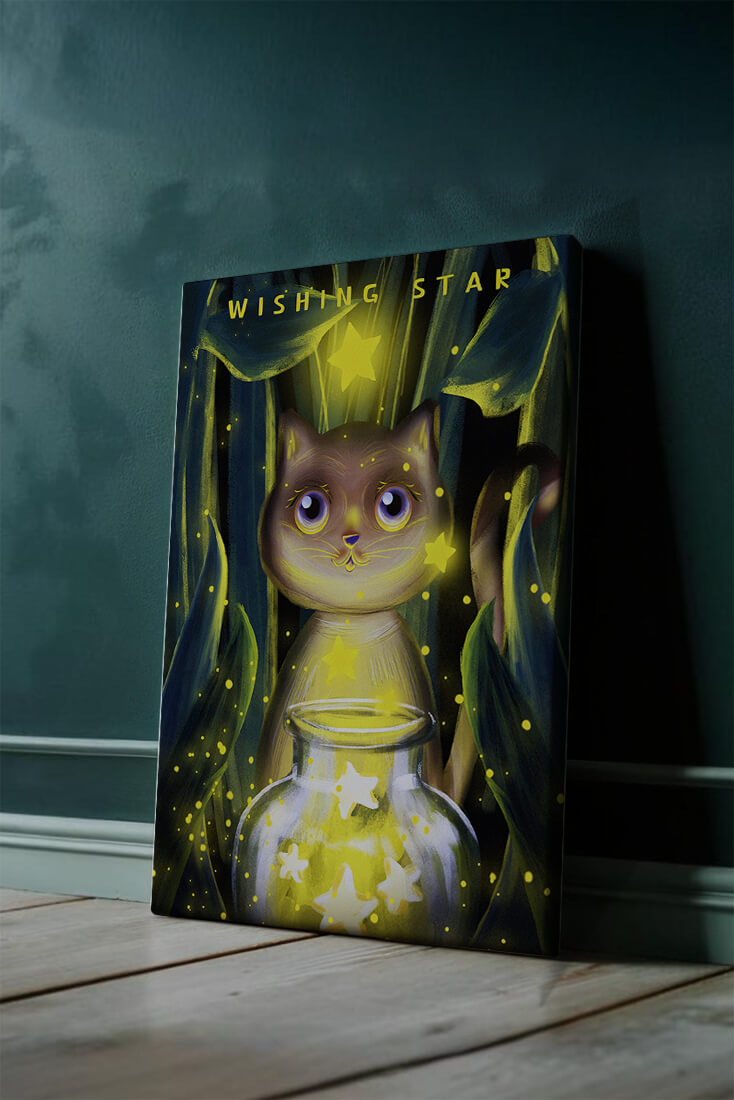 Cat under starry night in a magical forest setting