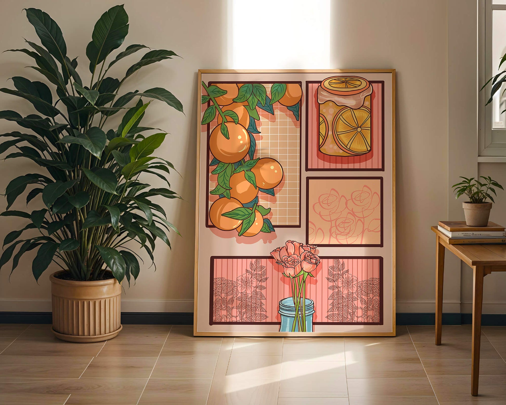 Composición artística con naranjas, frasco de rodajas de limón y rosas sobre fondo geométrico