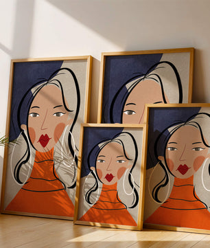 Colorful abstract portrait featuring a woman with red lips and hoop earrings on textured background - Mi tienda