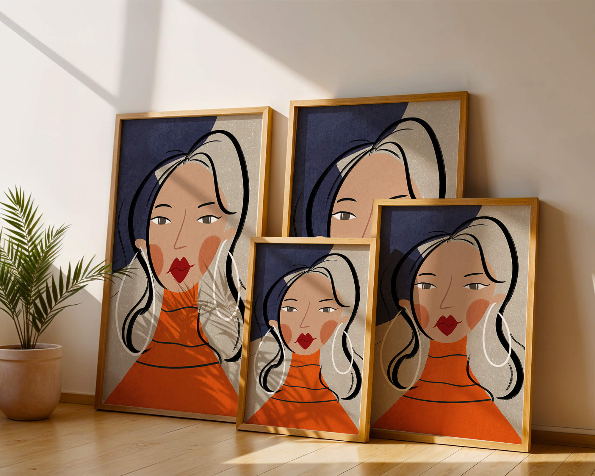 Colorful abstract portrait featuring a woman with red lips and hoop earrings on textured background - Mi tienda