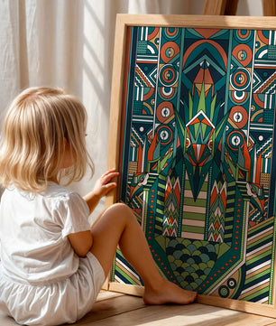 Design géométrique abstrait inspiré de l’Art déco avec des motifs symétriques et un motif animal