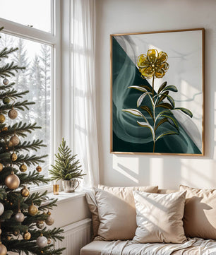 Abstract floral design featuring a golden flower with textured leaves