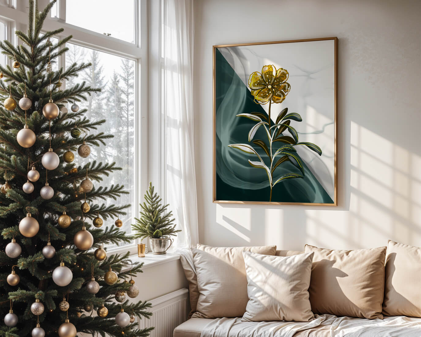 Abstract floral design featuring a golden flower with textured leaves