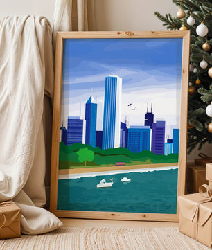 Paisaje urbano moderno con skyline y frente al agua en un estilo vibrante