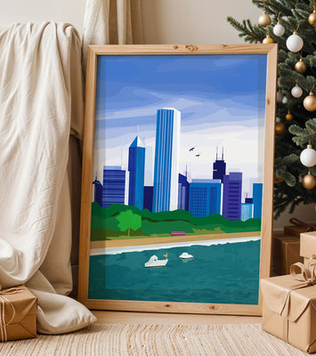 Modern cityscape with skyline and waterfront in a vibrant style