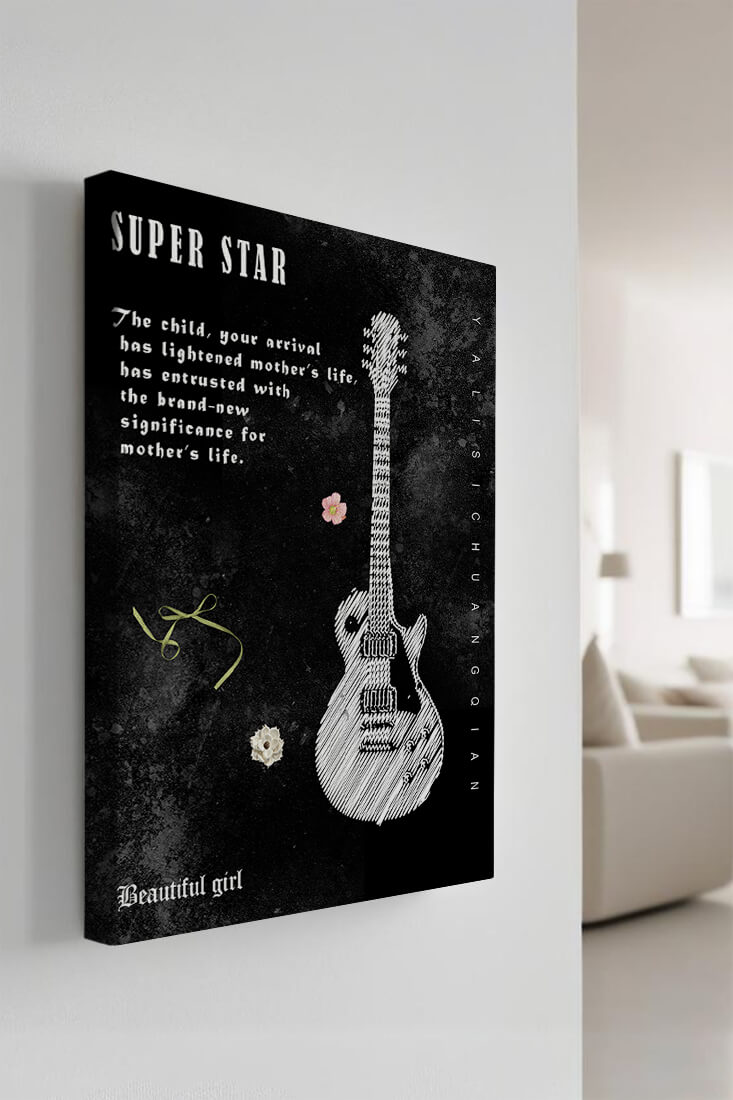 Artistic black and white guitar illustration with heartfelt text
