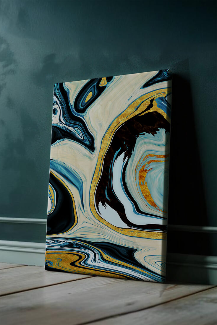 Abstract Marble Art with Gold Accents in Blue and Black Swirls