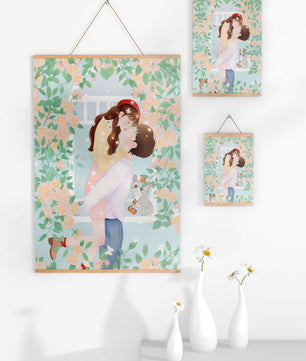 Romantic Kiss Amidst Blooming Flowers And Playful Cat