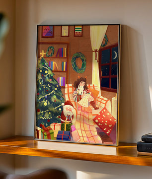 Cozy Christmas scene with tree, gifts, and a child by the window