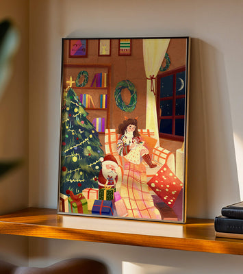 Cozy Christmas scene with tree, gifts, and a child by the window