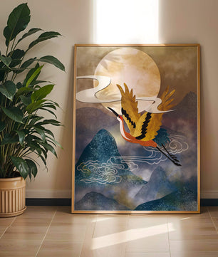 Majestic Gold-Crimson Crane Flying Over Misty Mountains in Moonlight