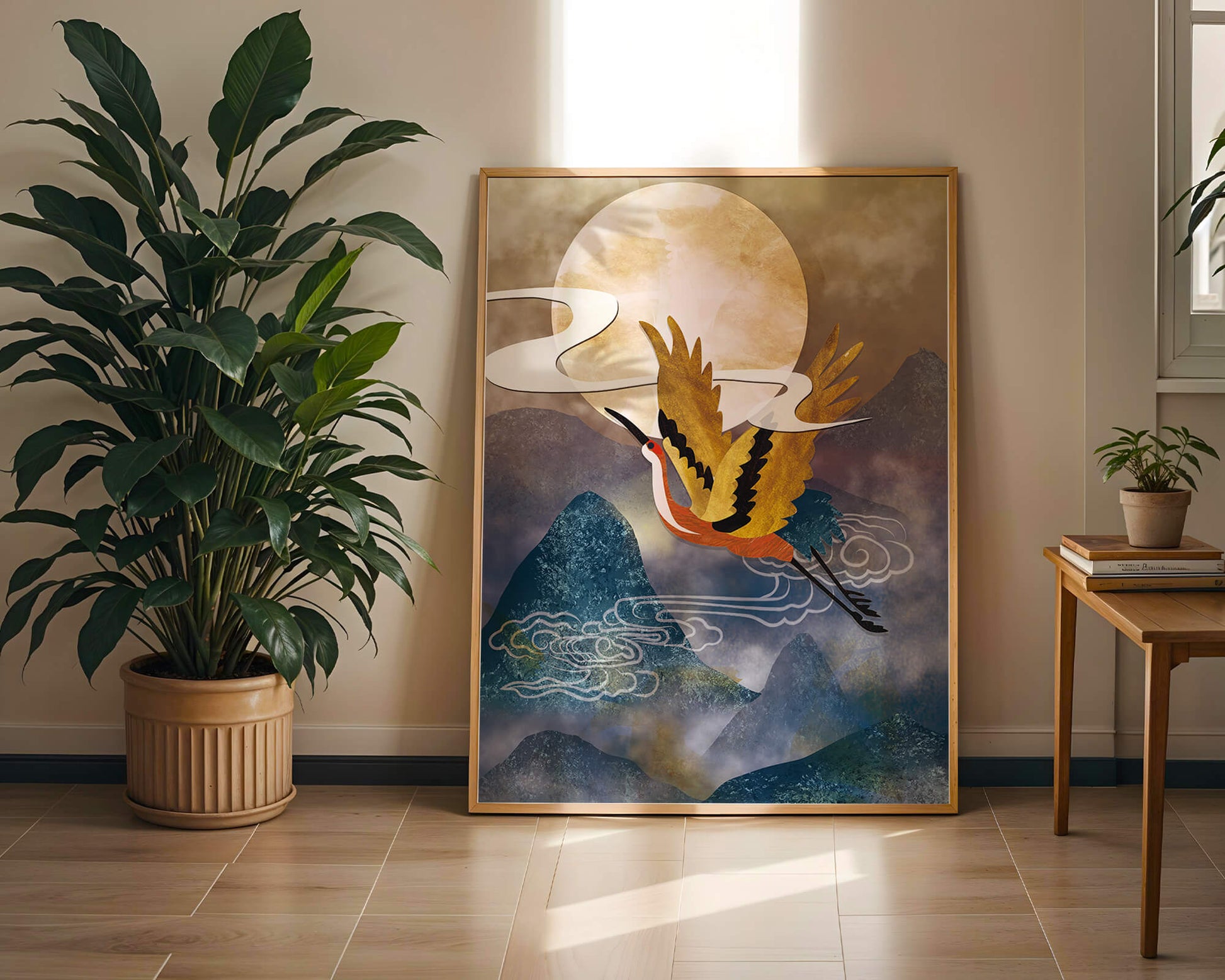 Majestic Gold-Crimson Crane Flying Over Misty Mountains in Moonlight
