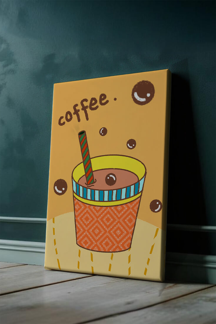 Colorful coffee cup illustration with bubbles and straw
