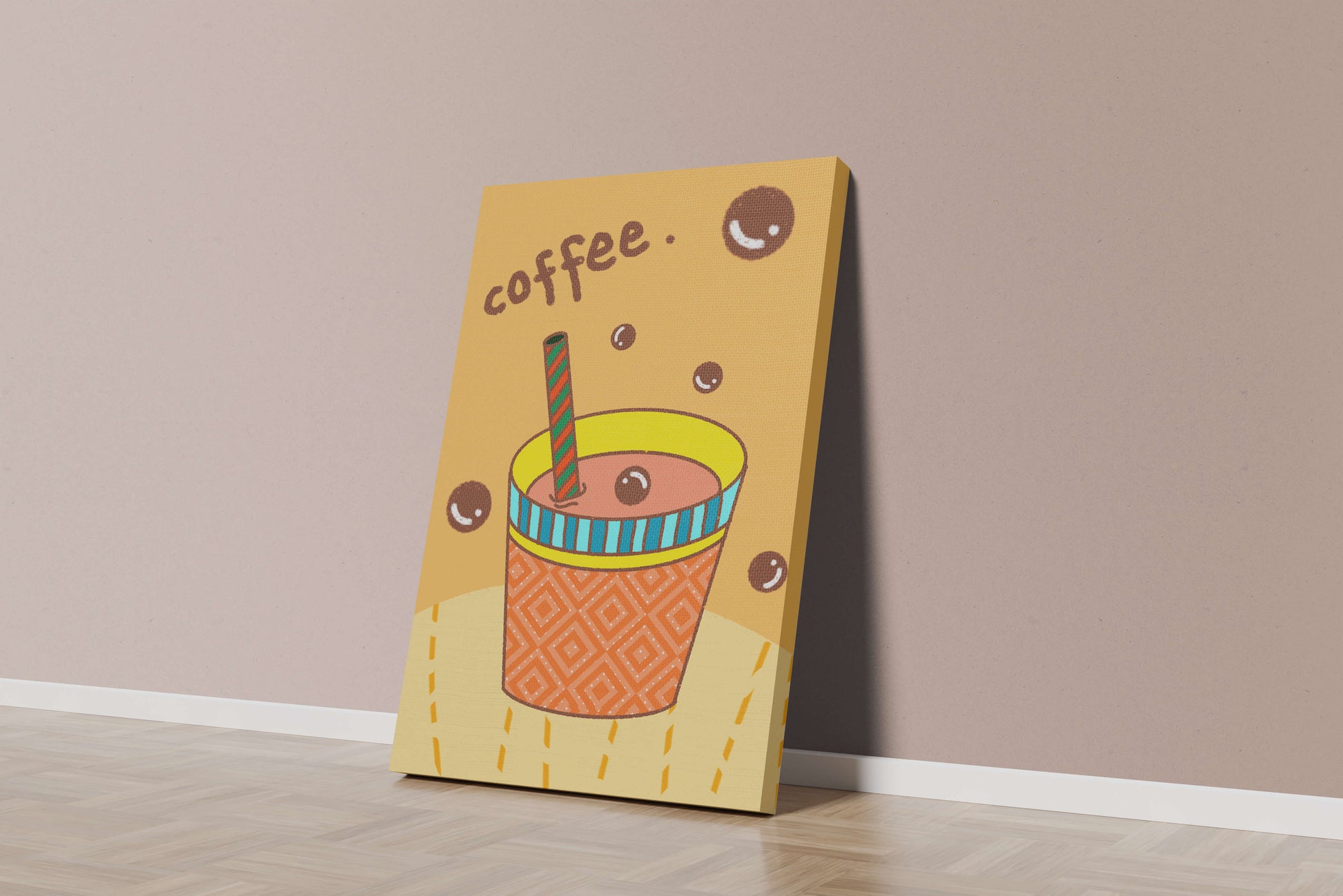 Colorful coffee cup illustration with bubbles and straw