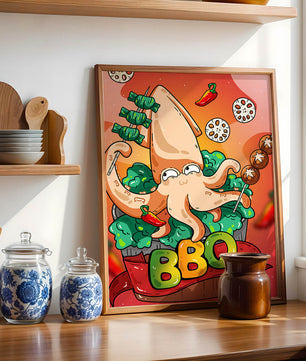 Calamar a la parrilla estilo caricatura peculiar con vegetales