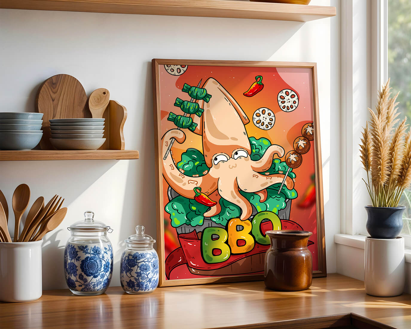 Quirky Cartoon Squid BBQ with Vegetables