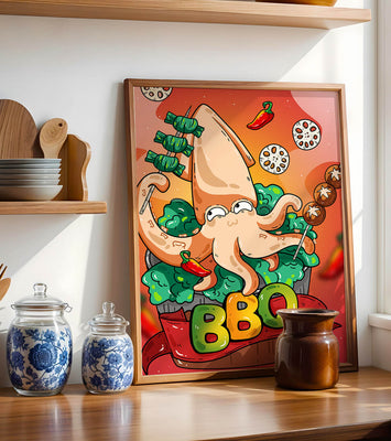 Quirky Cartoon Squid BBQ with Vegetables