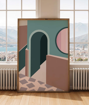 Abstract architectural scene with geometrical shapes