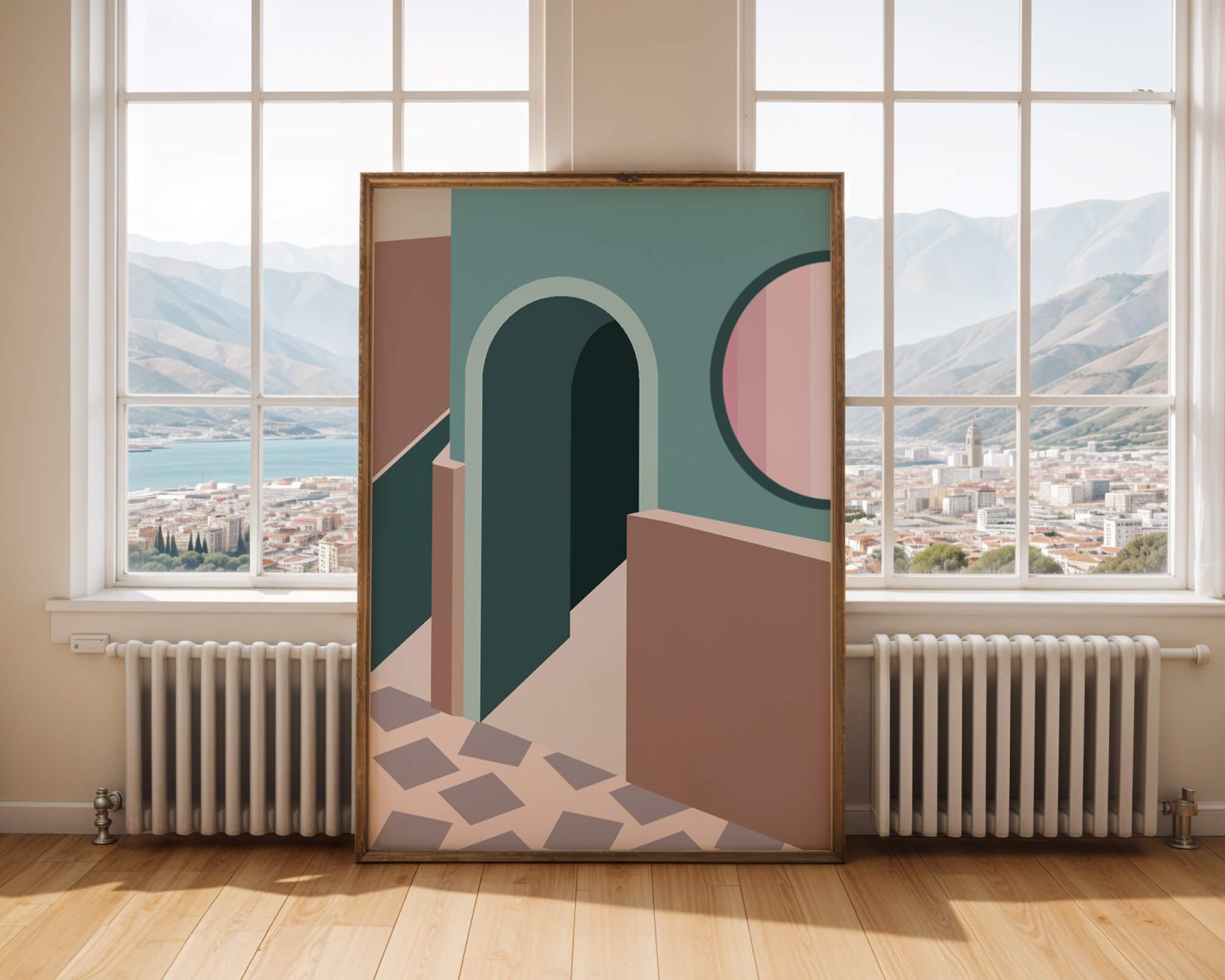 Abstract architectural scene with geometrical shapes