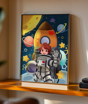 Young Astronaut with Rocket and Planets in Space Adventure