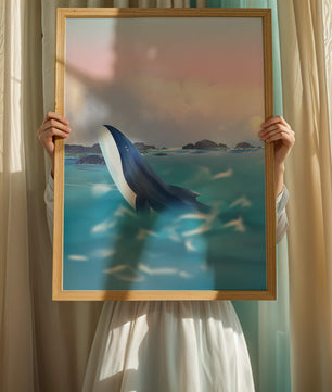 Ruhige Meeresszene mit einem majestätischen Wal, der im Morgengrauen aus dem Wasser springt