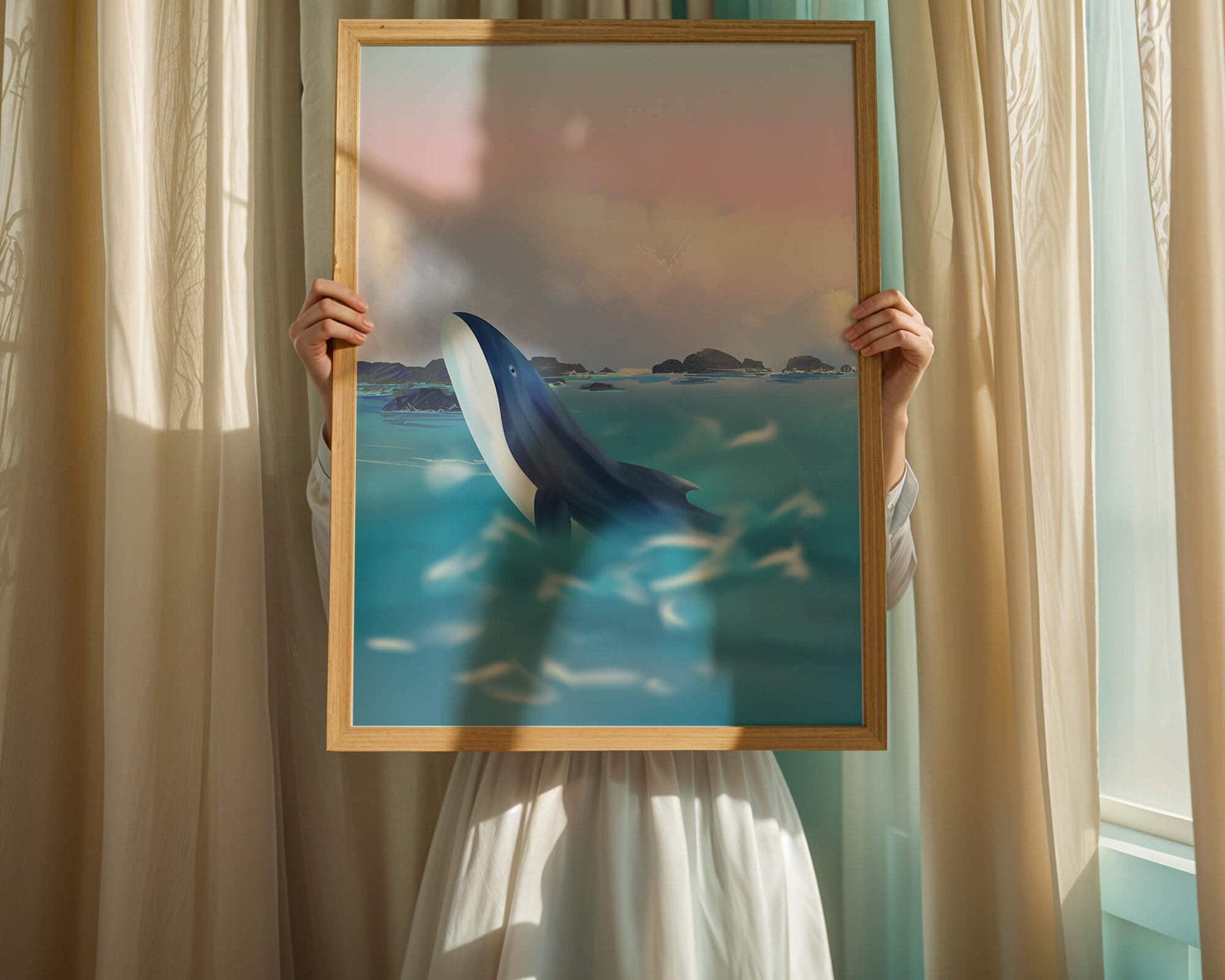 Ruhige Meeresszene mit einem majestätischen Wal, der im Morgengrauen aus dem Wasser springt