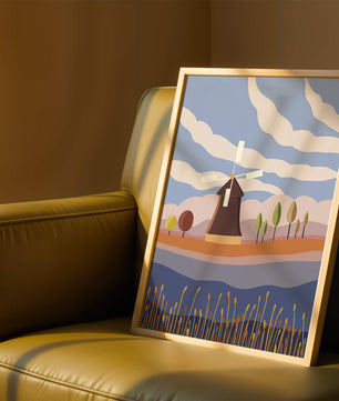 Paysage coloré avec moulin à vent et arbres abstraits