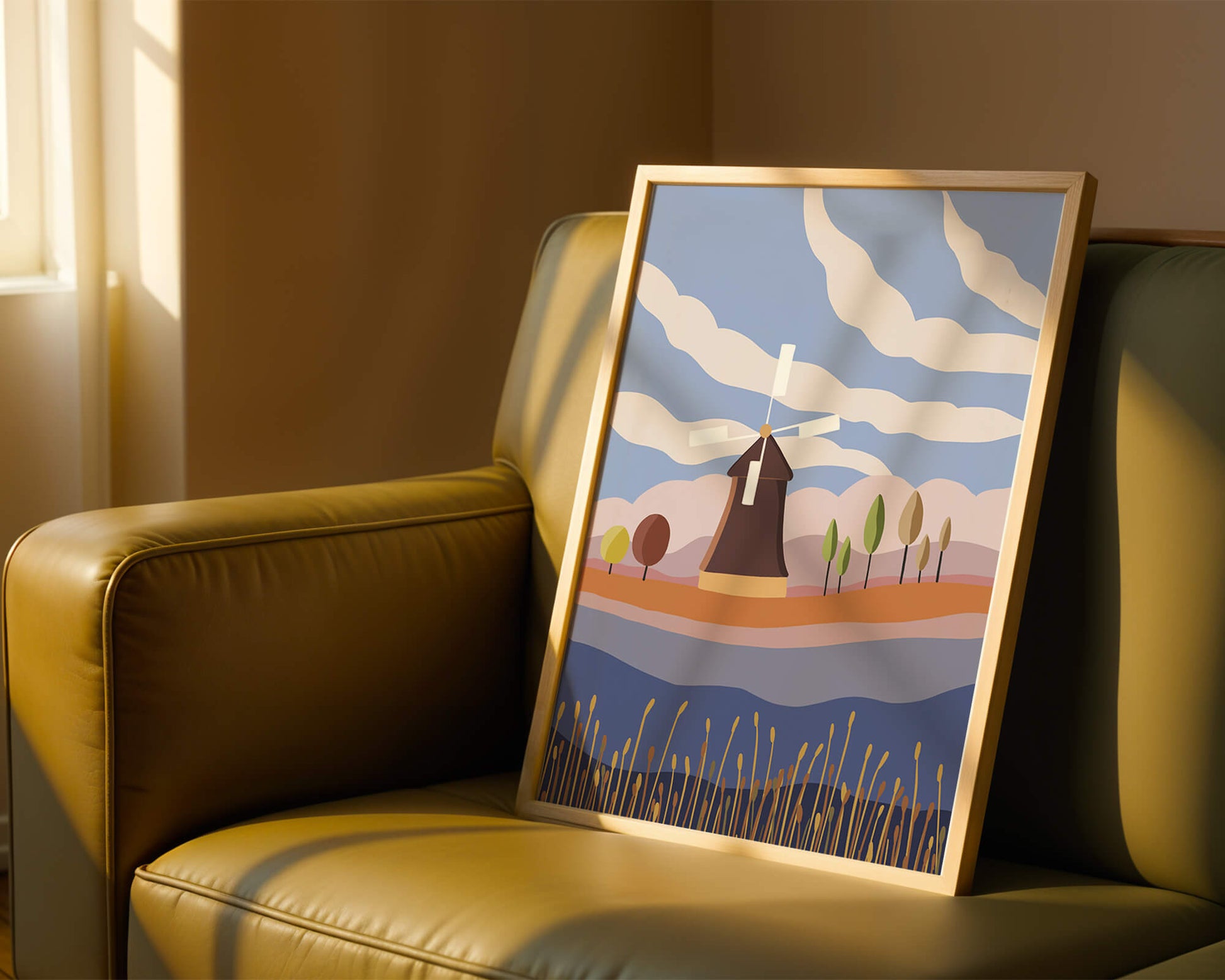 Colorful Landscape Featuring Windmill and Abstract Trees