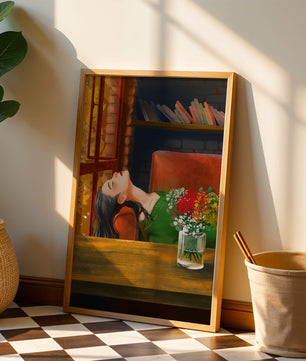 Frau entspannt sich am Fenster mit Blumenstrauß und Büchern