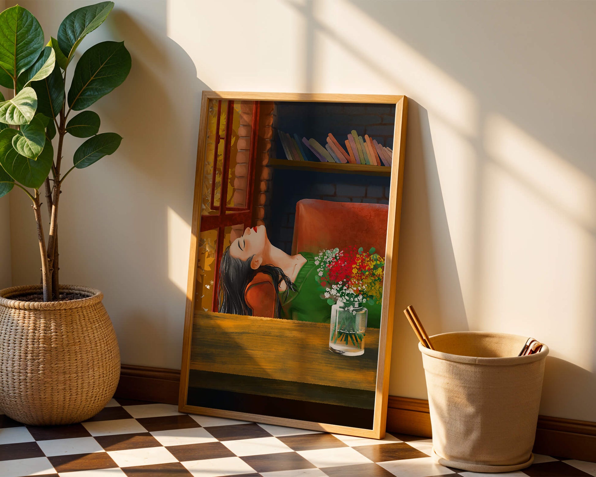 Frau entspannt sich am Fenster mit Blumenstrauß und Büchern