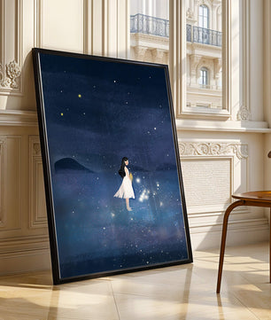 Niña en vestido blanco mirando al cielo estrellado