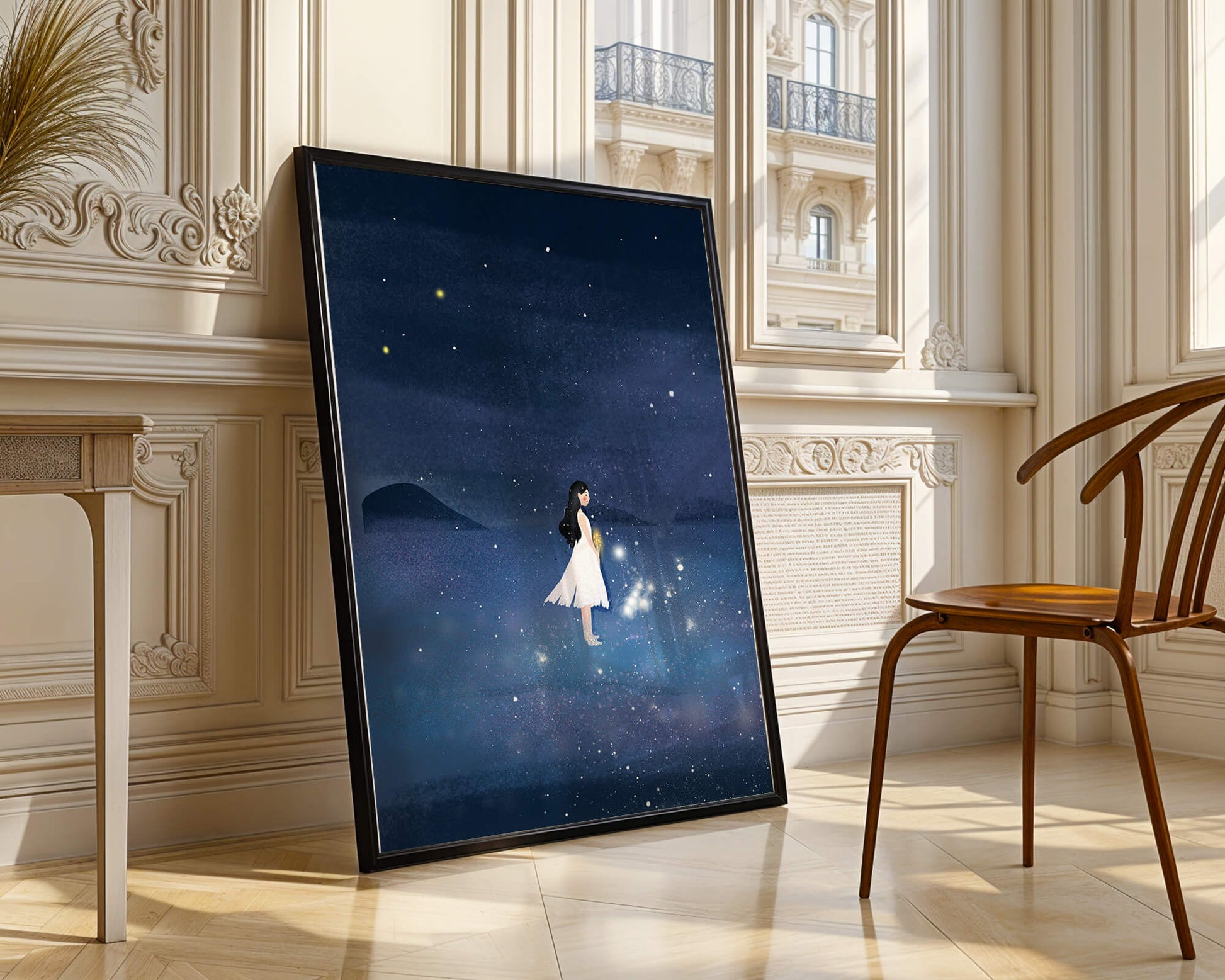 Girl in White Dress Gazing at Starry Night Sky