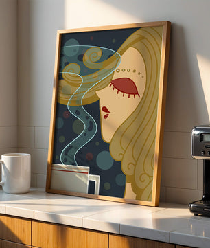 Stylized portrait of a woman with flowing hair and steaming coffee