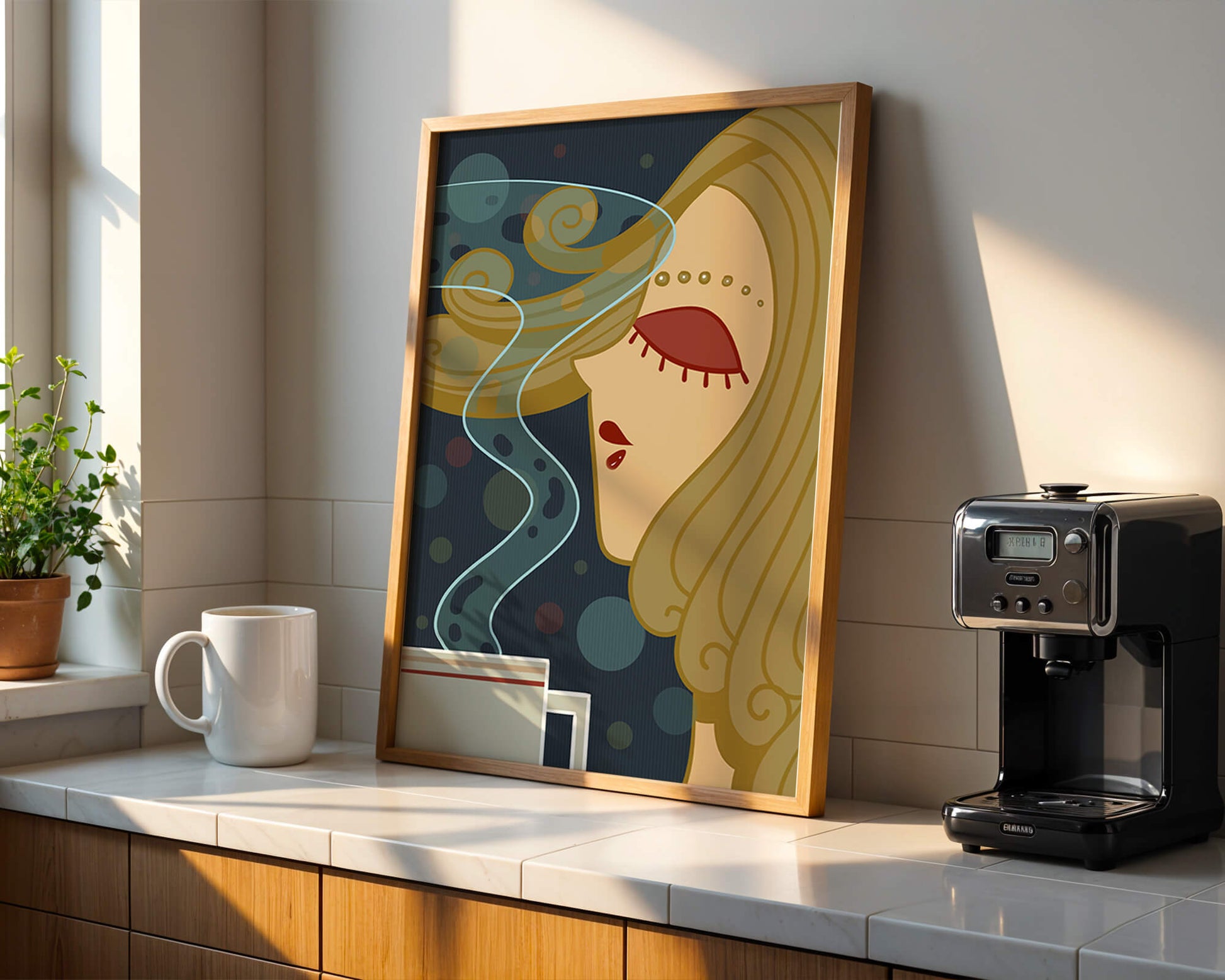Stylized portrait of a woman with flowing hair and steaming coffee