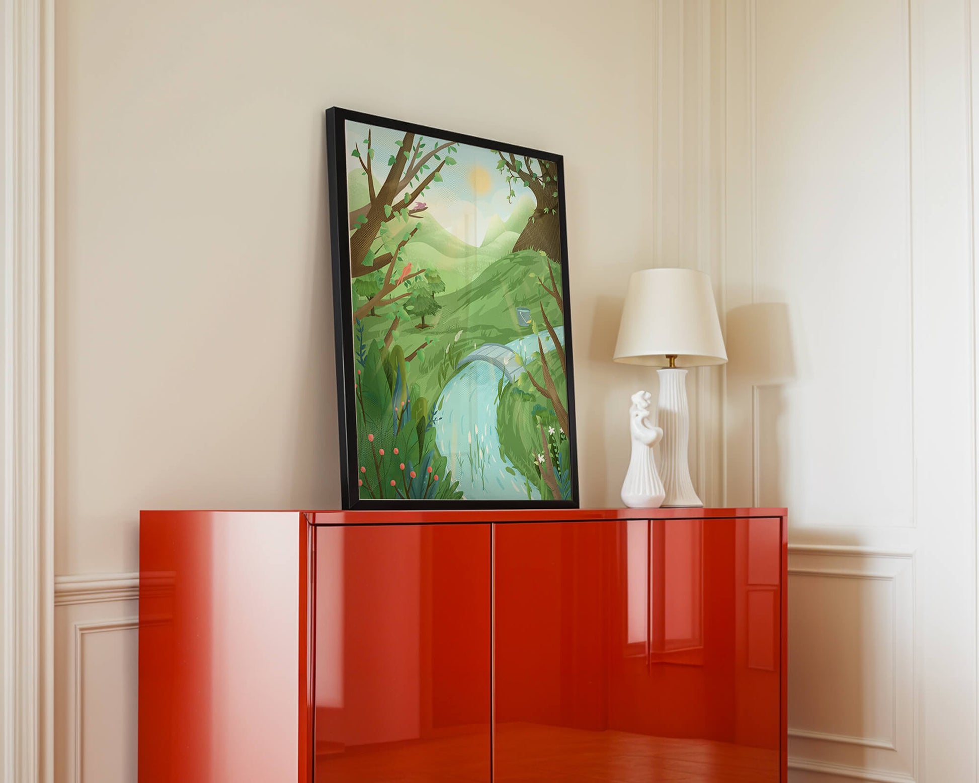 Paisaje sereno con aves y río bajo un cielo soleado