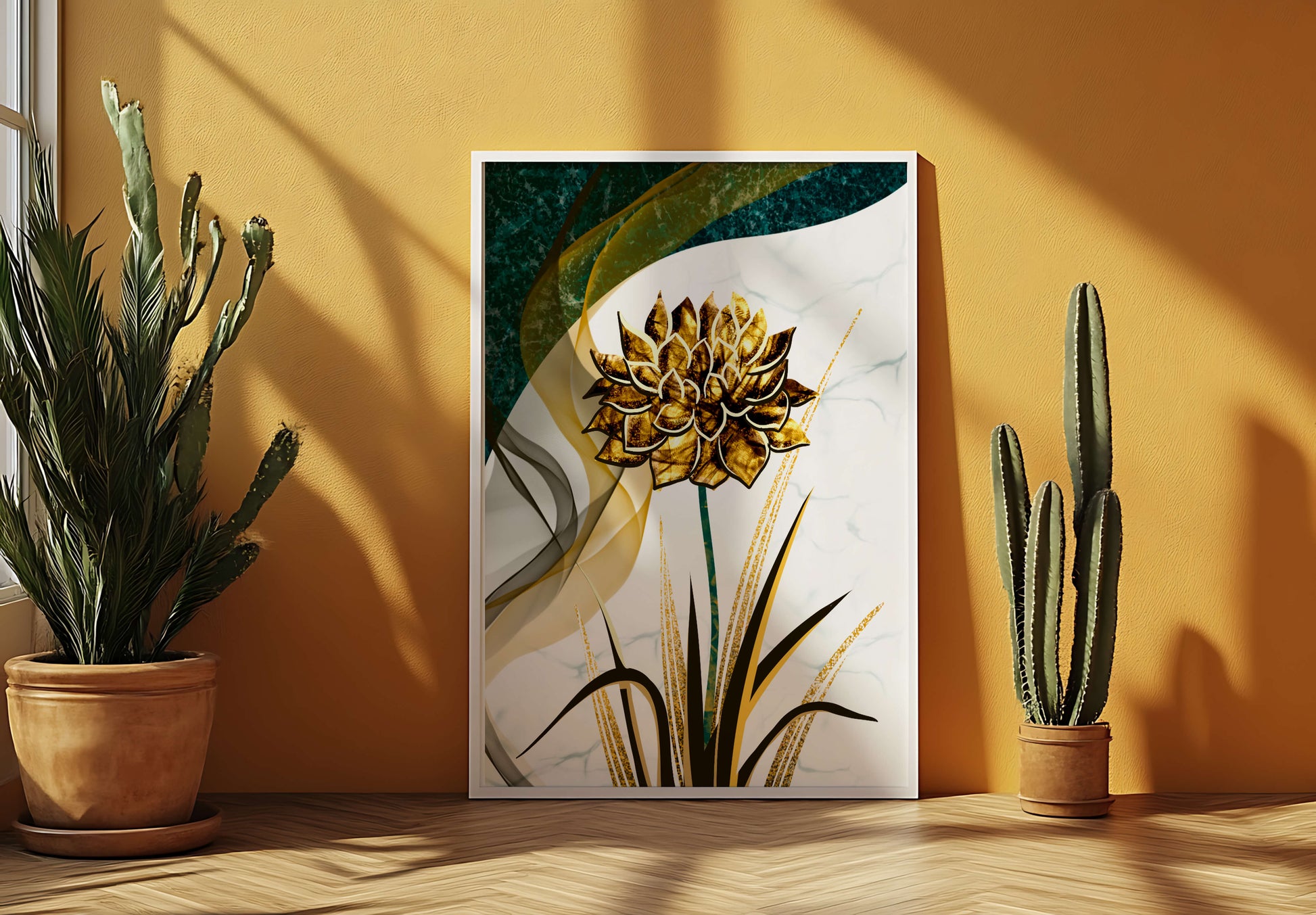 Golden flower artwork with abstract background for contemporary decor
