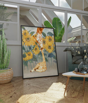 Pintura acuarela de jirafas y girasoles en una escena tierna de una familia de jirafas
