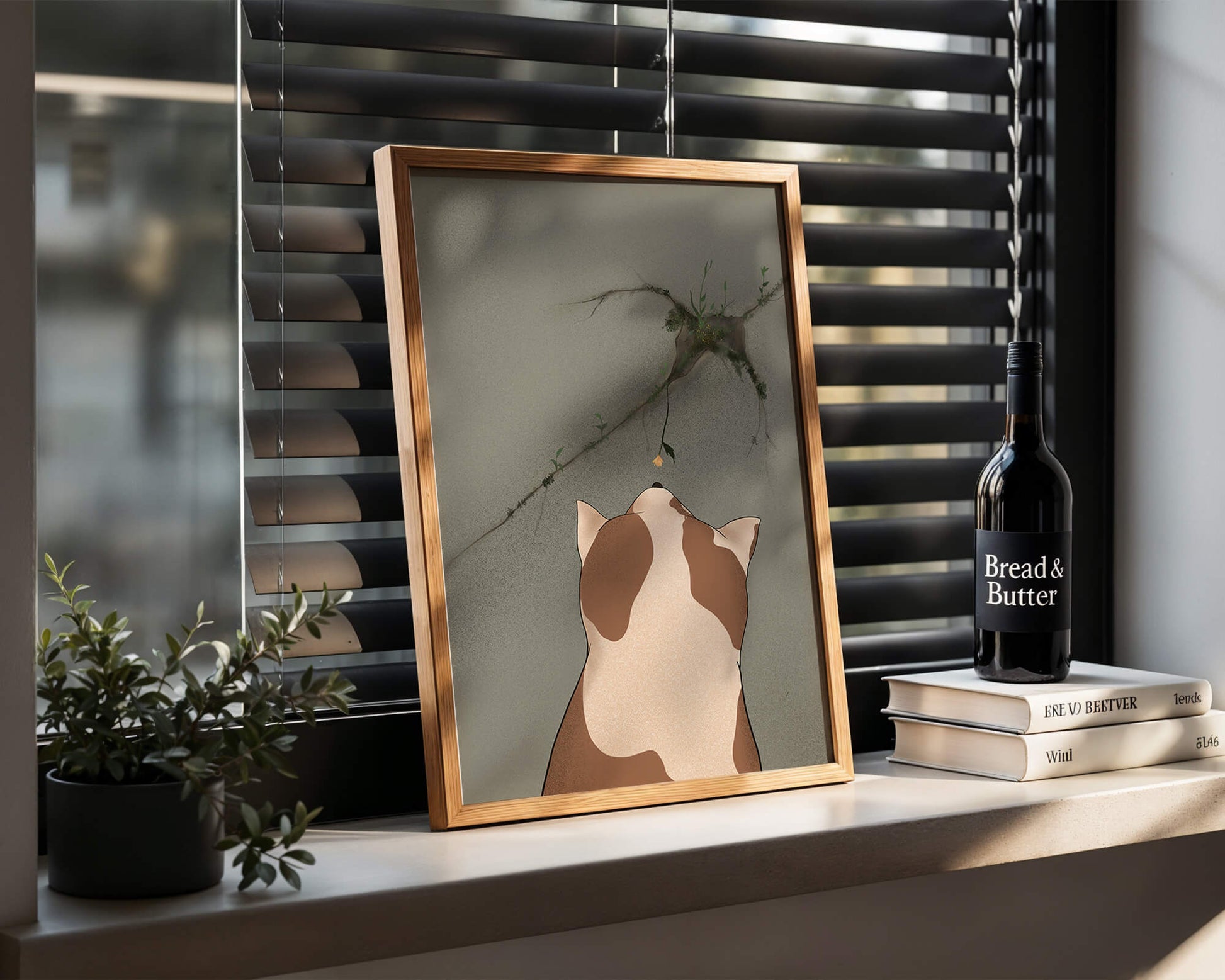 Chat observant une fleur poussant sur un mur fissuré