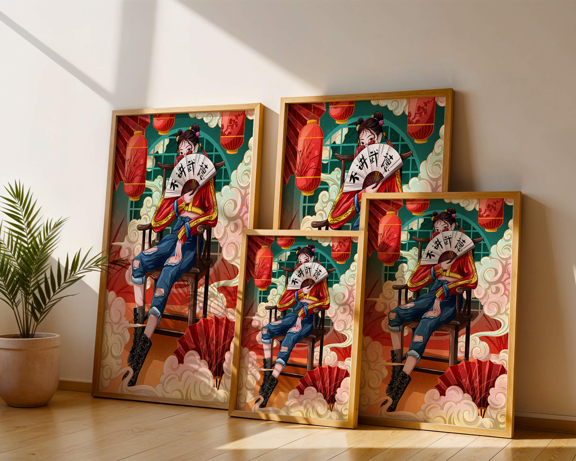 Female character with fan in colorful oriental setting
