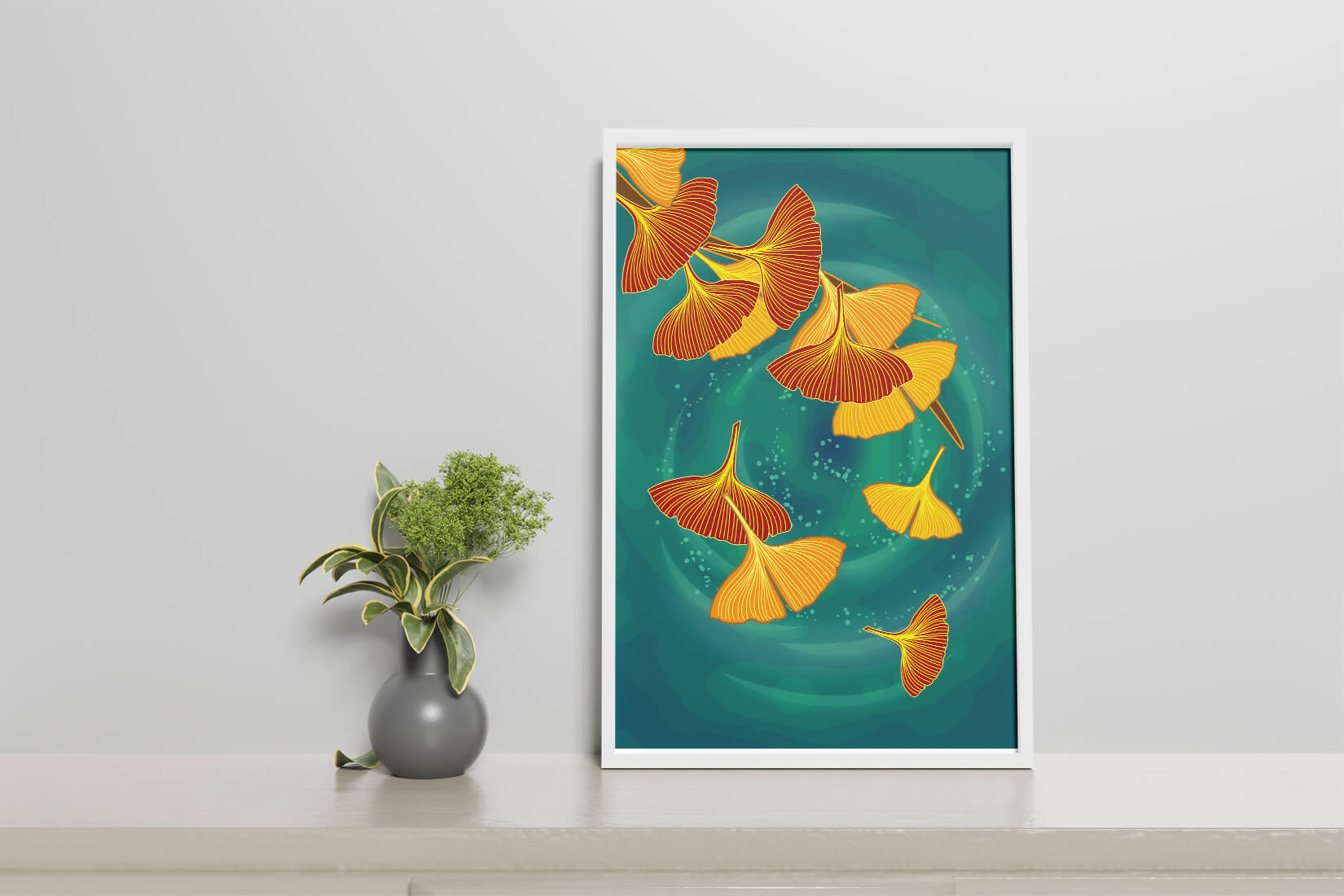 Stylized Ginkgo Leaves Floating on a Turquoise Background