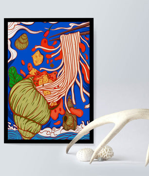 Intricate Noodle Illustration with Vibrant Colors and Detailed Elements