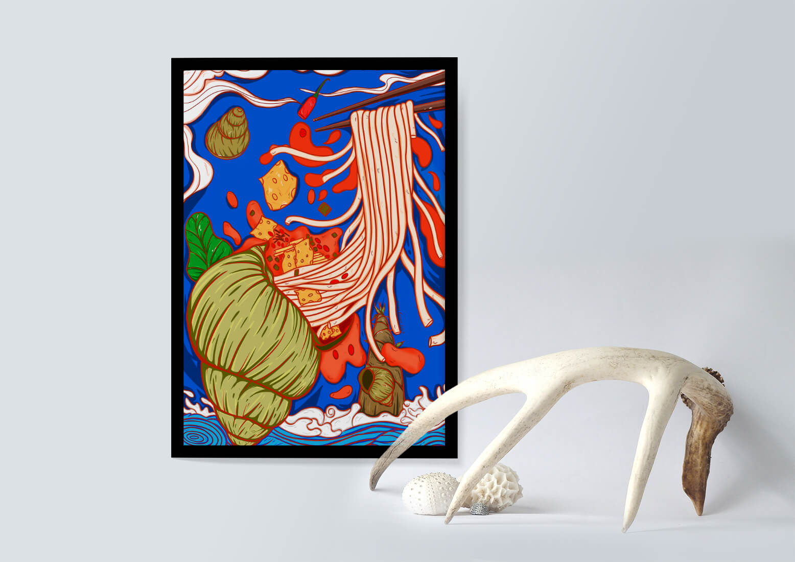 Ilustración intrincada de fideos con colores vibrantes y elementos detallados