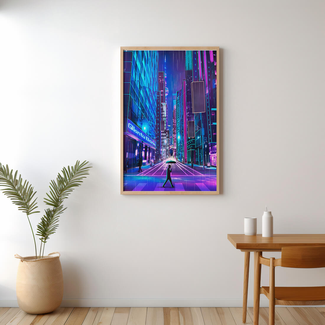 Futuristic urban street scene with neon lights and rainy atmosphere