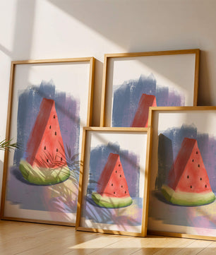 Ilustración en acuarela de una rodaja de sandía con fondo abstracto