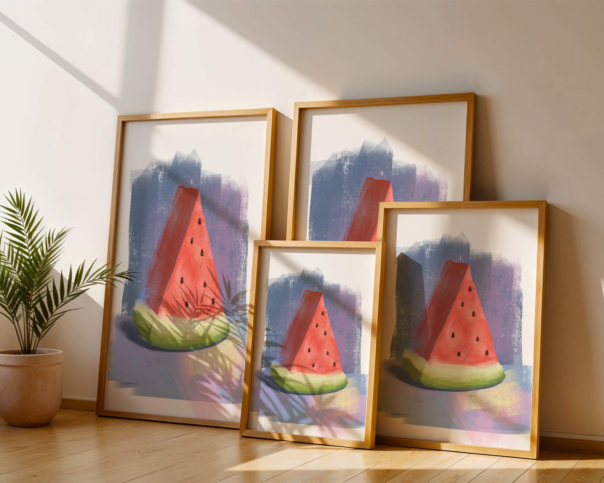 Watercolor illustration of a watermelon slice with abstract background